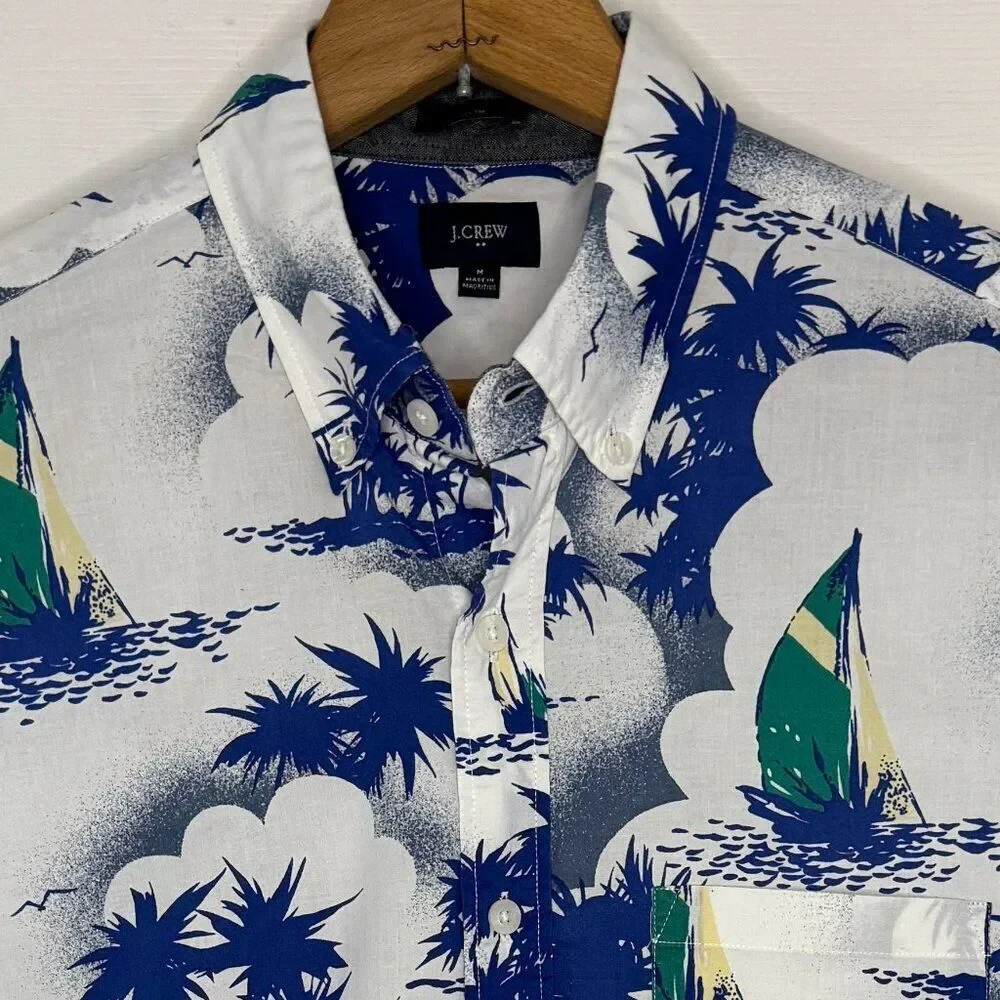 Vintage‎ J. Crew White Blue Hawaiian Print Shirt Size Medium Slim
